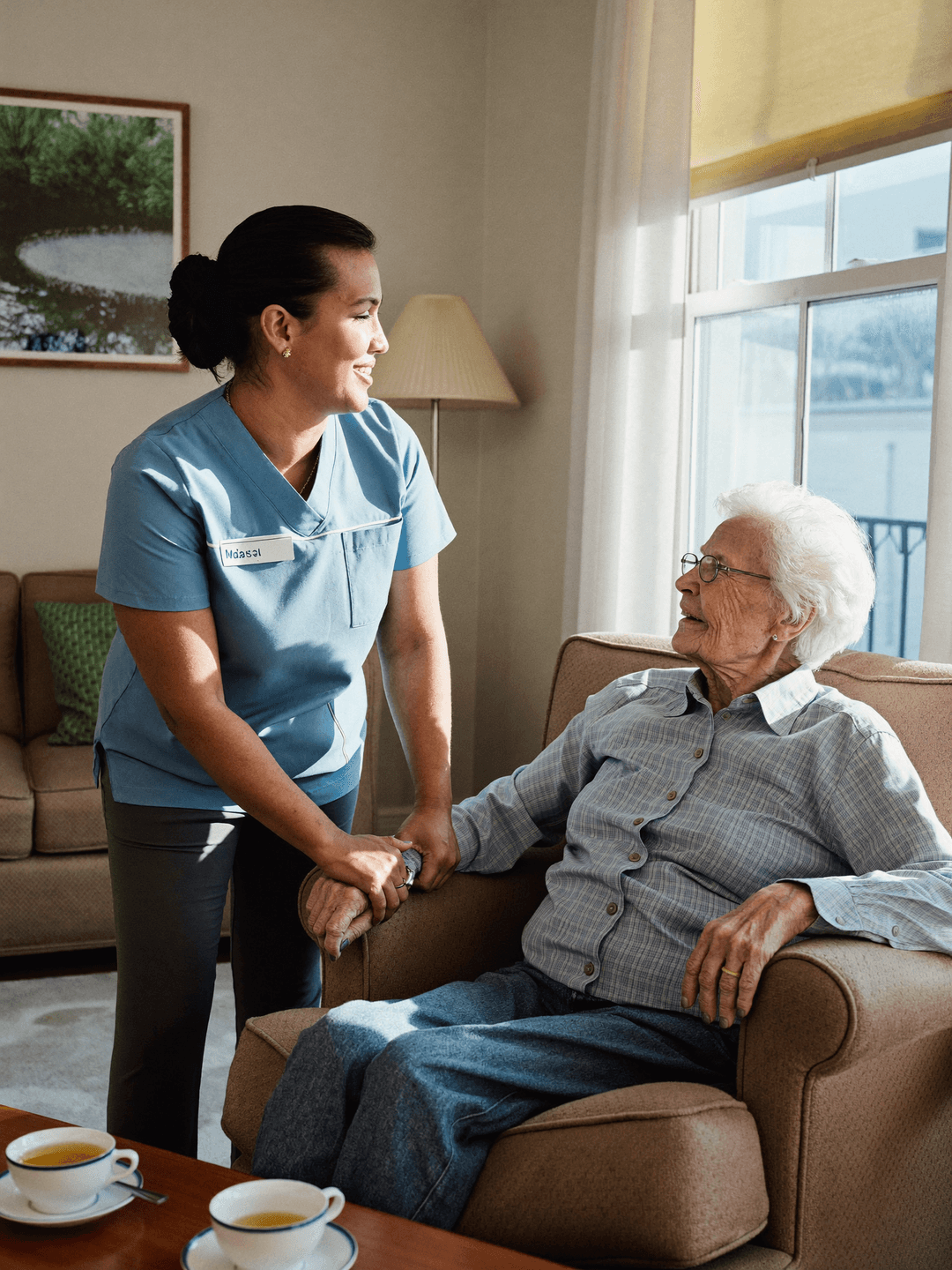 A care worker with a resident in a care home sitting room
